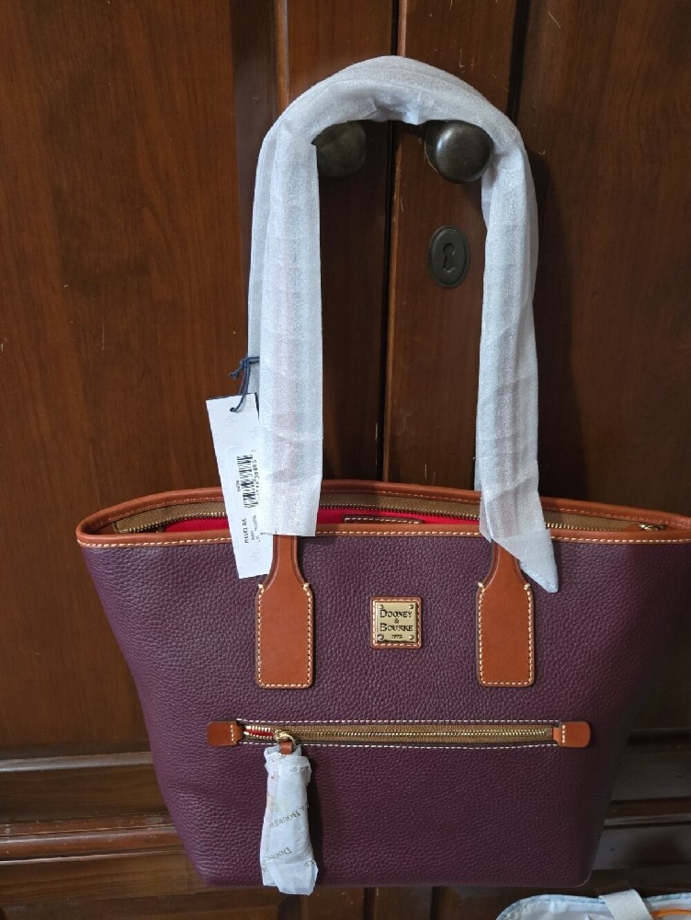 Dooney & Bourke Plum Pebble Leather Satchel with Tan Trim and Gold Hardware - Picture 2 of 9